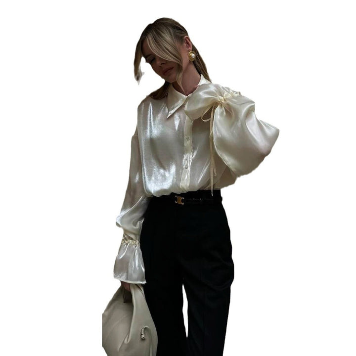 Damen Elegant geschnittene Satin-Bluse mit voluminösen Ärmeln und Binde-Details Drune