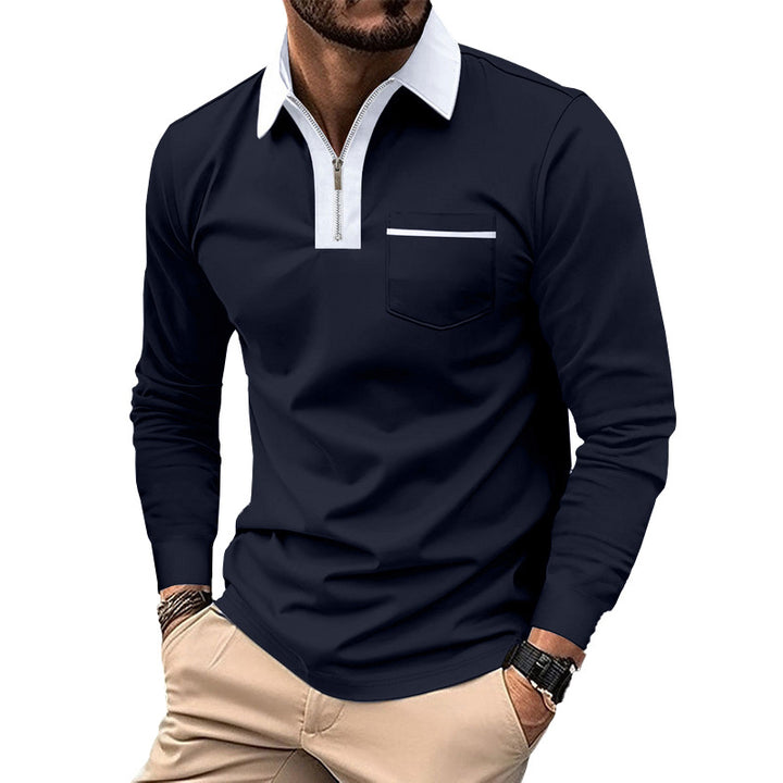 Herren Modisches Langarm-Polohemd mit Reißverschluss und Brusttasche Drune