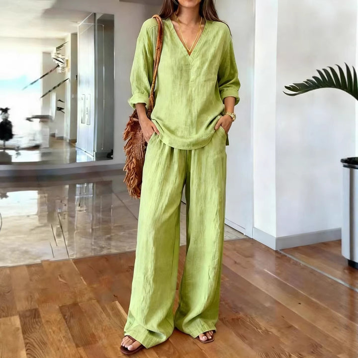Damen Lässiges Leinenoberteil und weite Palazzo-Hosen Set Drune