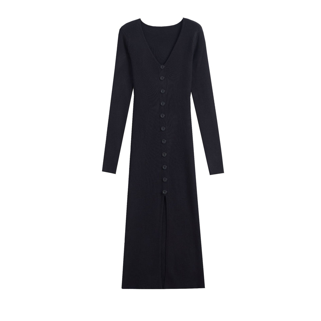 Damen Strickkleid mit hohen Knopfdetails und tiefem V-Ausschnitt Drune