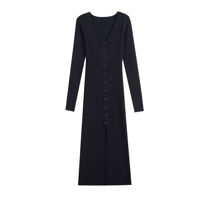Damen Strickkleid mit hohen Knopfdetails und tiefem V-Ausschnitt Drune