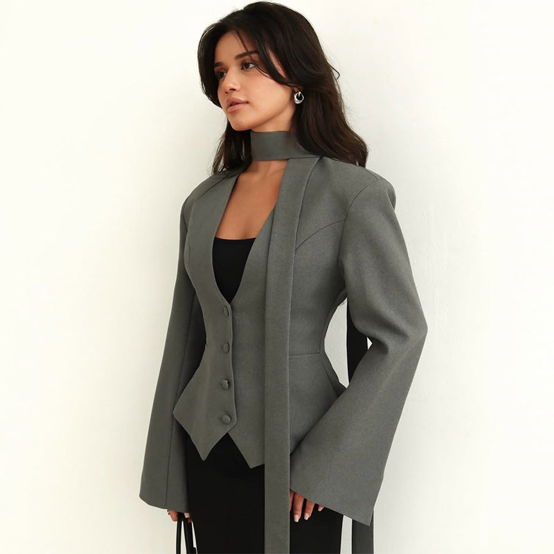 Damen taillierte Blazer-Top mit schmalem Kragen Drune