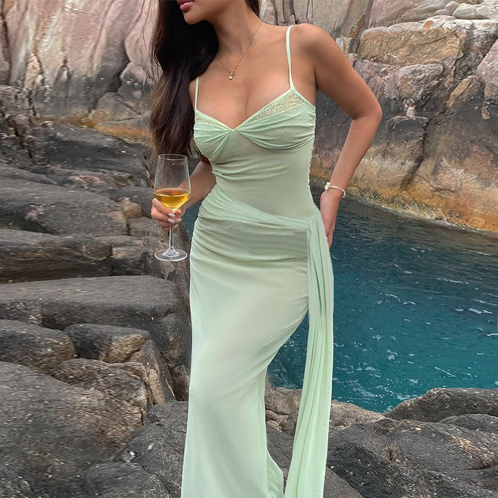 Damen Elegantes bodenlanges Kleid mit raffiniertem Spitzenoberteil und taillierten Details Drune