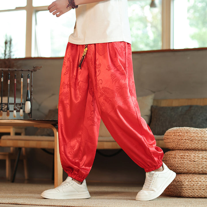 Herren nan weite Jacquard-Satin-Haremshose mit Tunnelzug, elastischen Bündchen und traditionellem Drachenmotiv Drune