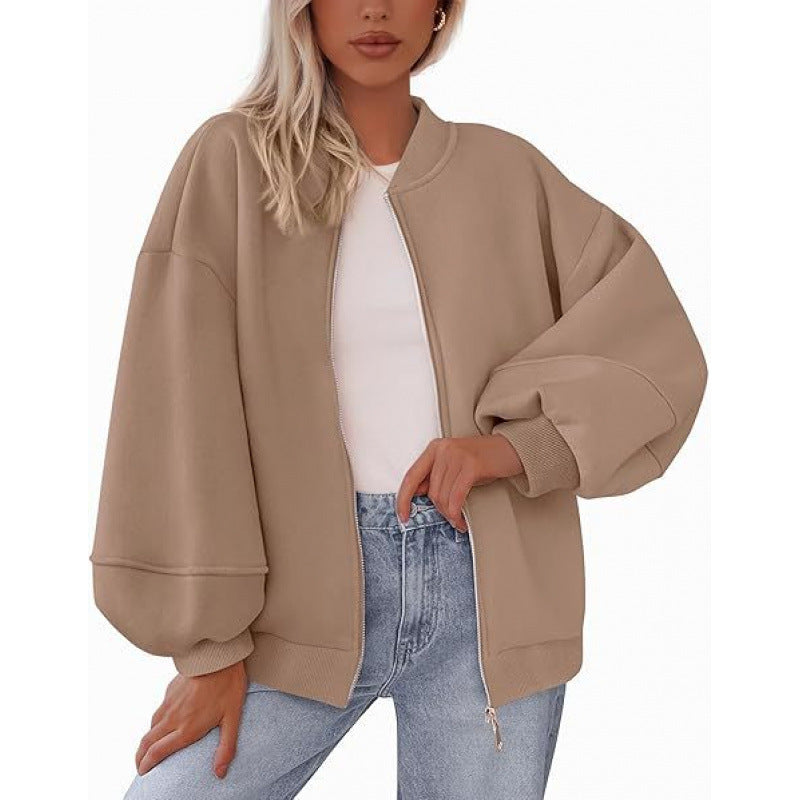 Damen lässige Oversized-Jacke mit Reißverschluss und ballonen Ärmeln Drune