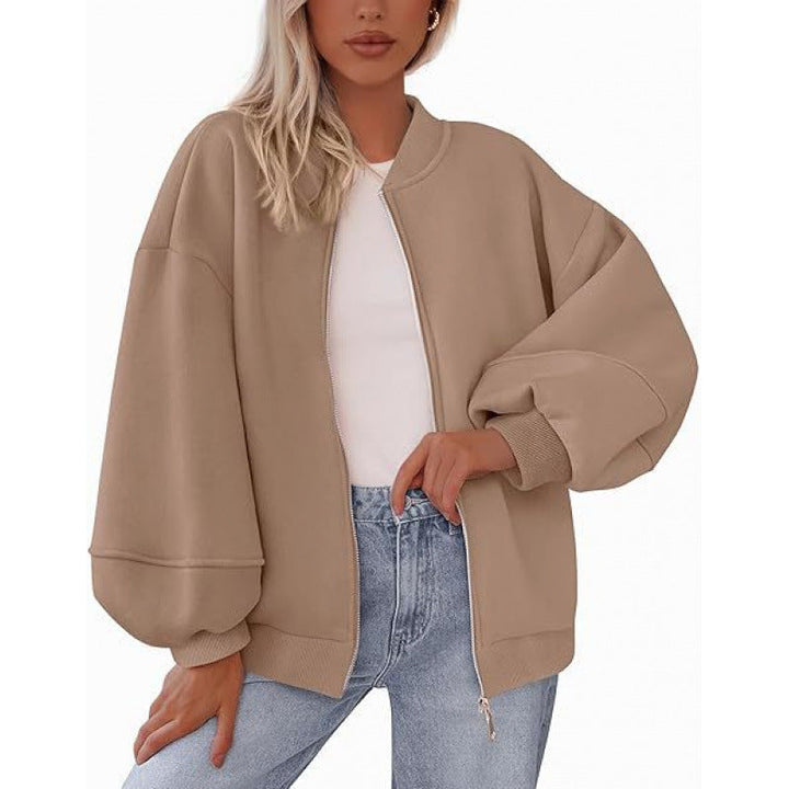 Damen lässige Oversized-Jacke mit Reißverschluss und ballonen Ärmeln Drune