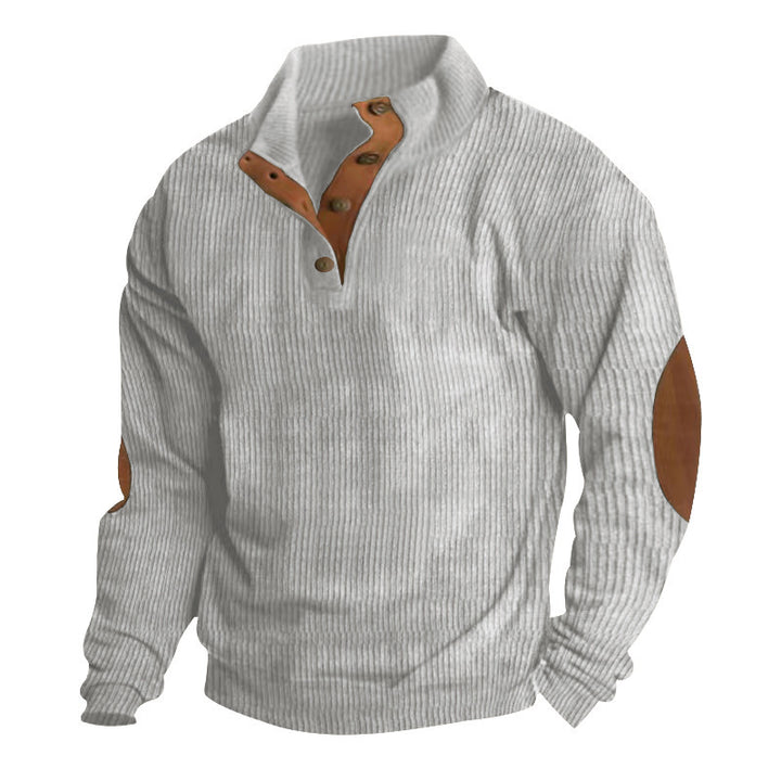 Herren nan grober Rippstrick-Pullover mit Stehkragen, Knopfleiste und markanten Ellenbogenpatches Drune