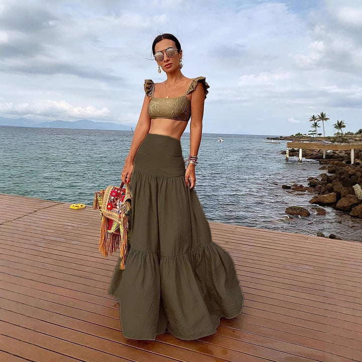 Damen Crop-Top und Rock Set mit Rüschen und floralem Muster Drune