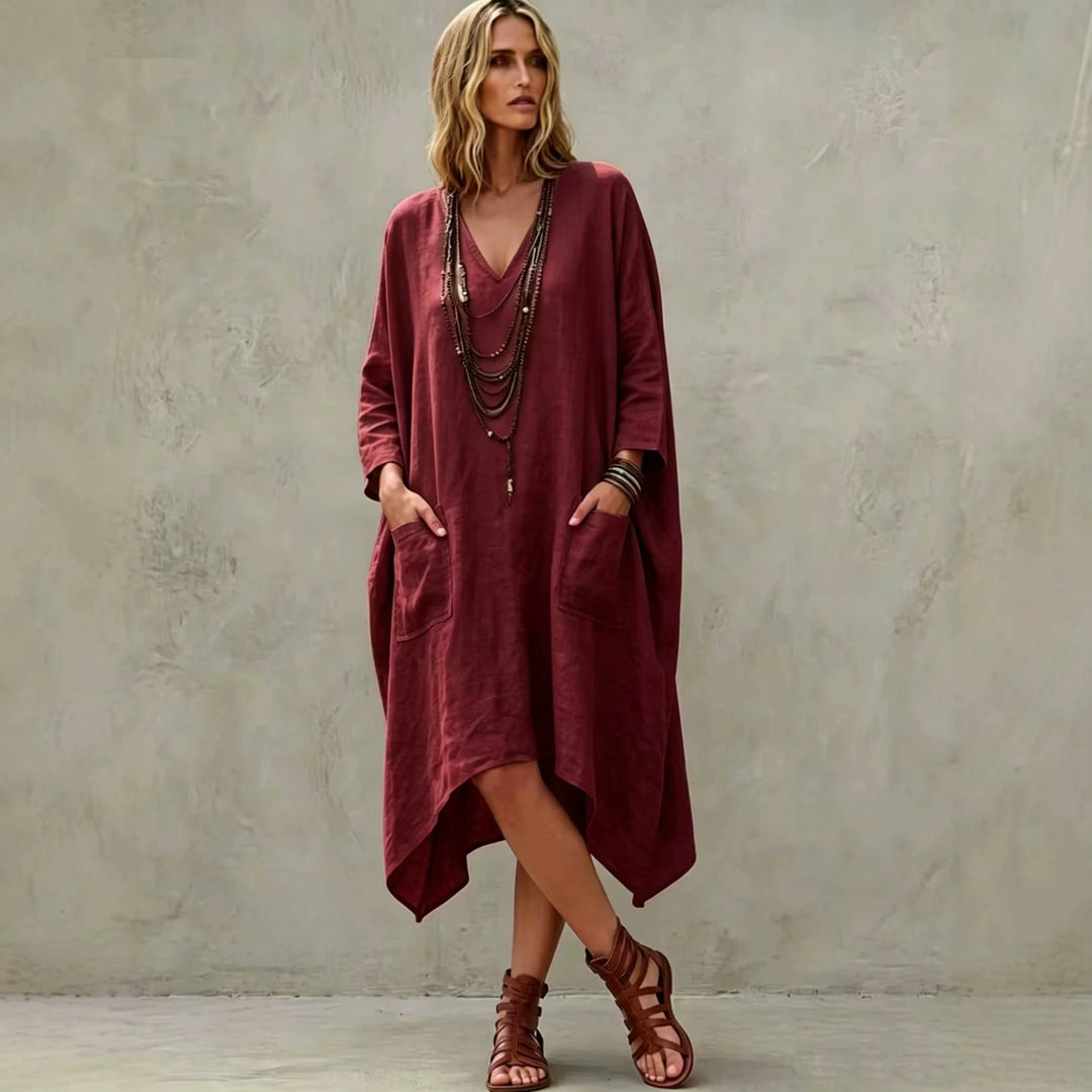 Damen nan Oversize Kaftankleid mit V-Ausschnitt, Eingrifftaschen und asymmetrischem Saum Drune