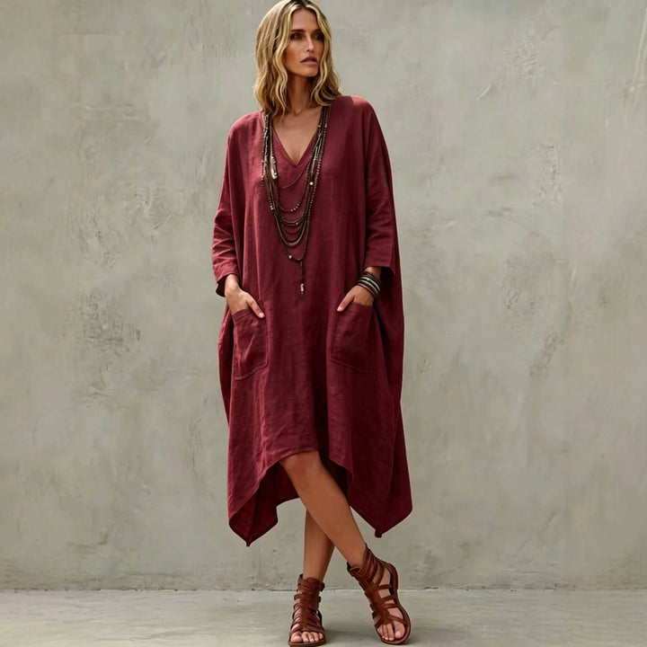 Damen nan Oversize Kaftankleid mit V-Ausschnitt, Eingrifftaschen und asymmetrischem Saum Drune