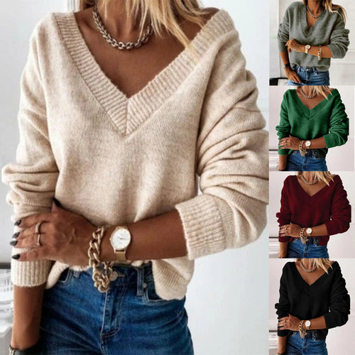 Damen lässiger V-Ausschnitt Pullover aus weichem Strick Drune