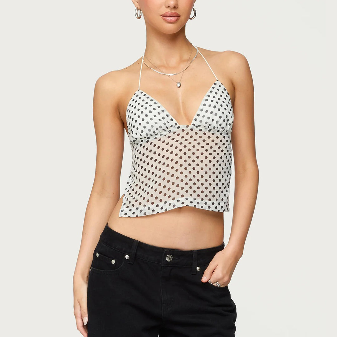Damen Transparente Bluse mit Punktmuster und dehnten Trägern Drune