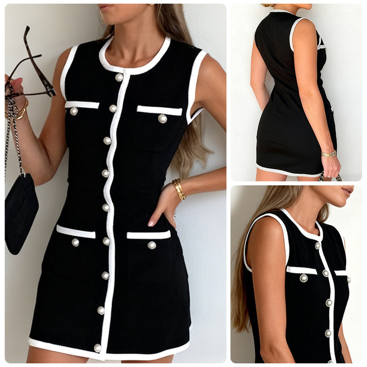 Damen figurbetontes Cocktailkleid mit kontrastierenden Taschen und eleganten Knöpfen Drune