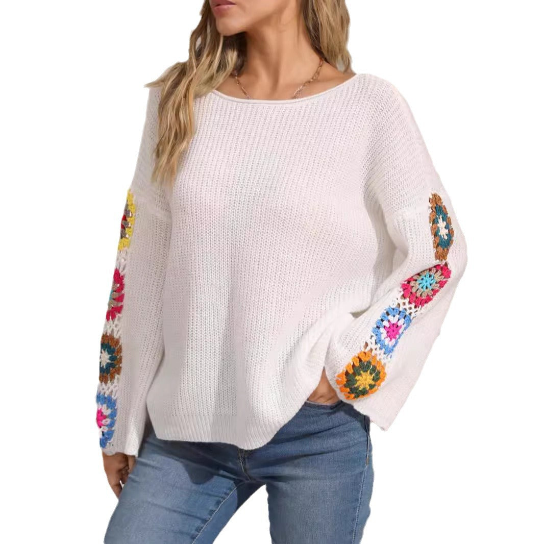Damen lässiger Strickpullover mit buntem Häkelmotiven und weitem Schnitt Drune