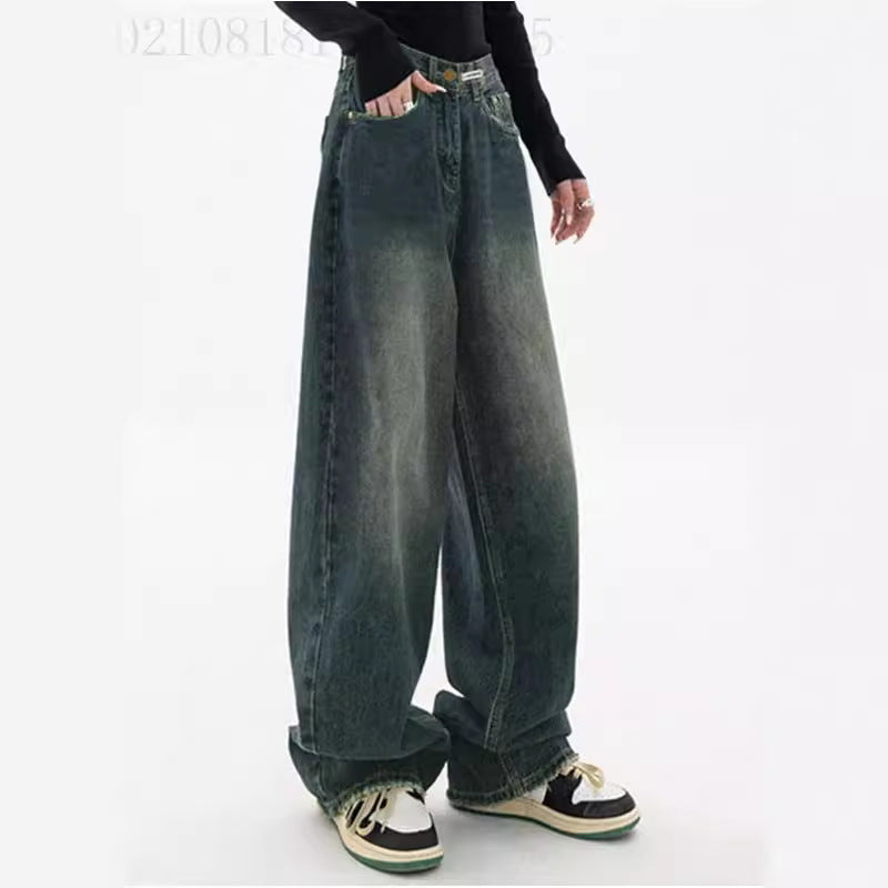 Damen nan hochgeschnittene extraweite Baggy-Jeans mit überlangem Saum und Vintageoptik Drune