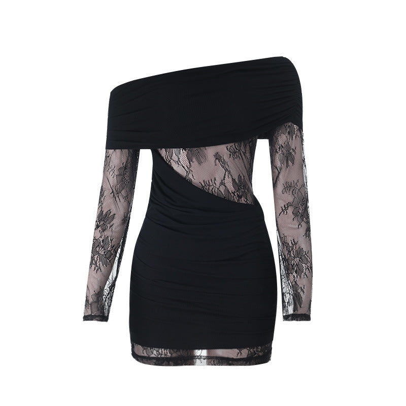 Damen schulterfreies Spitzenkleid mit Rüschendetails und figurbetontem Schnitt Drune