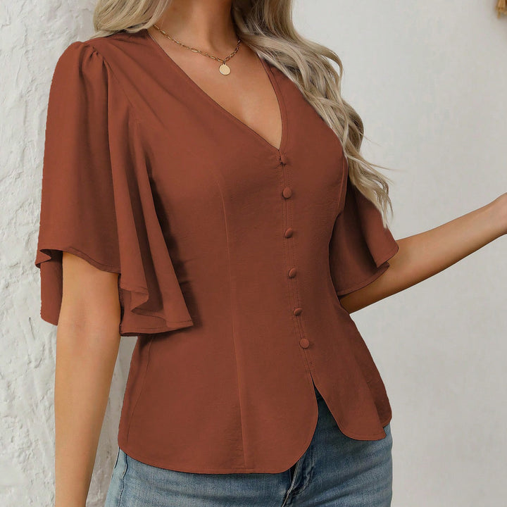 Damen elegante Bluse mit Glockenärmeln und Knopfdetail Drune