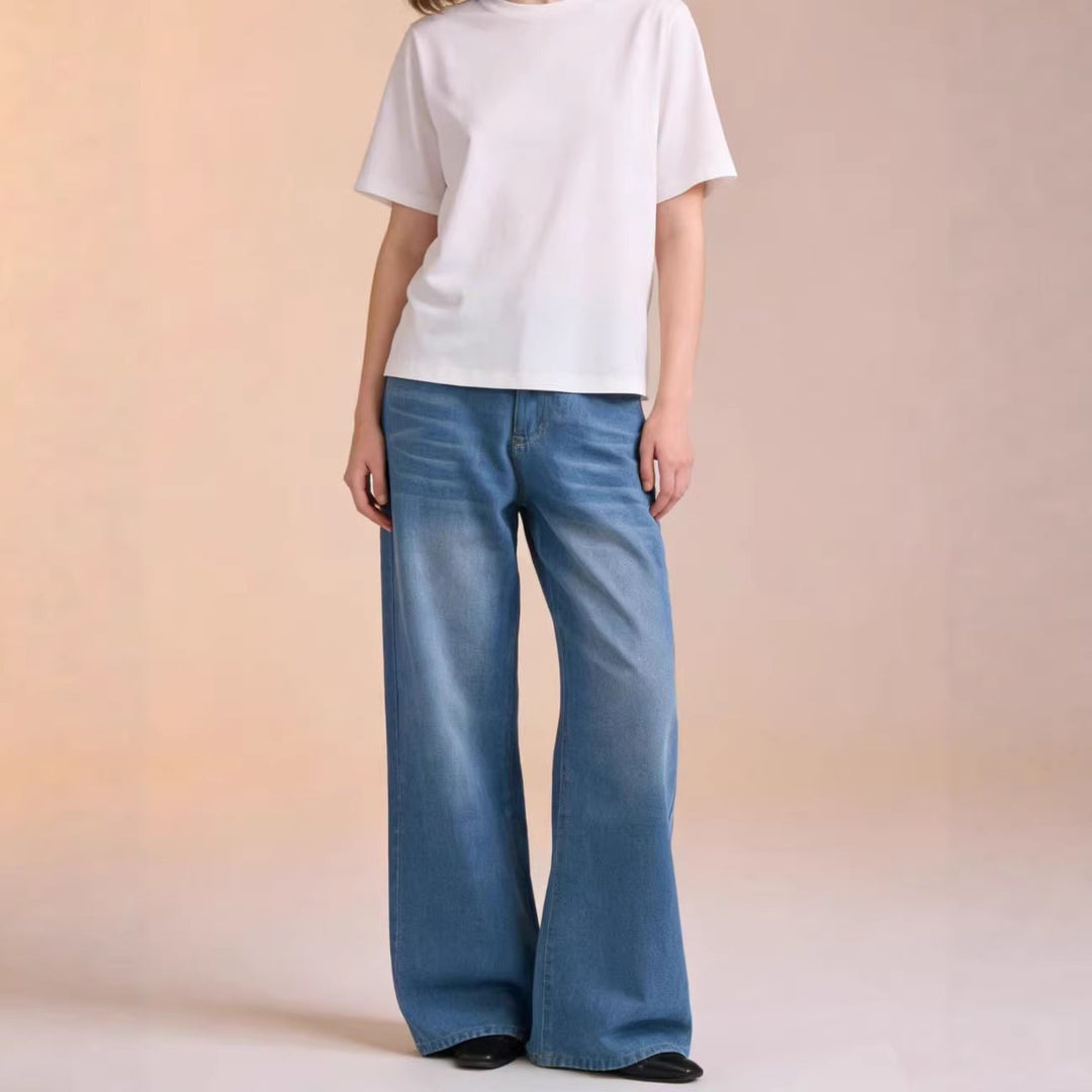 Damen weite Denim-Hose mit Vintage-Waschung und hoch geschnittenem Bund Drune