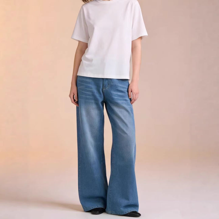 Damen weite Denim-Hose mit Vintage-Waschung und hoch geschnittenem Bund Drune