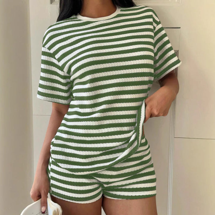 Damen lässiges gestreiftes T-Shirt mit hochwertiger Struktur Drune