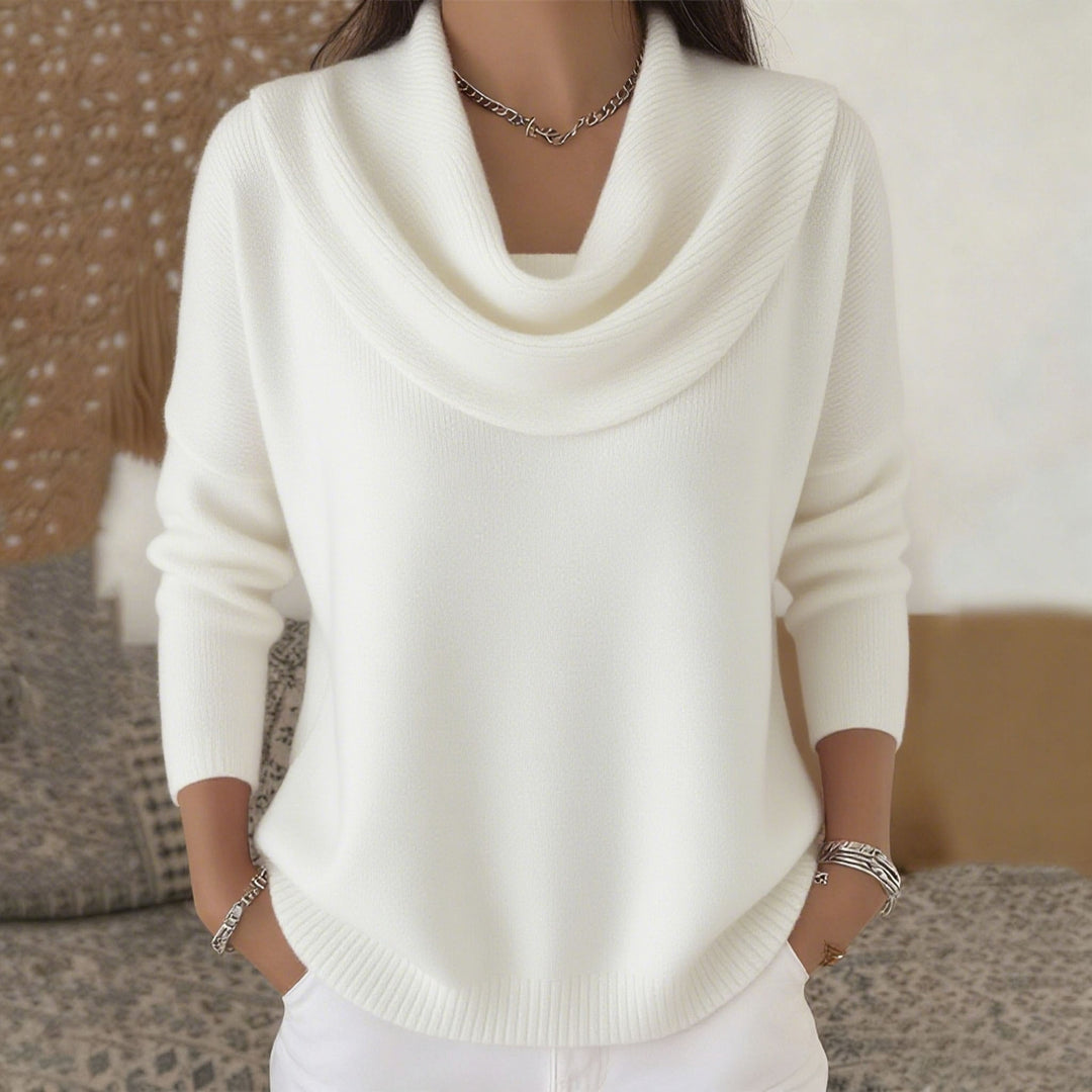 Damen nan schimmernder Strickpullover mit Wasserfallkragen, feiner Glitzerstruktur und schmalem Saum Drune