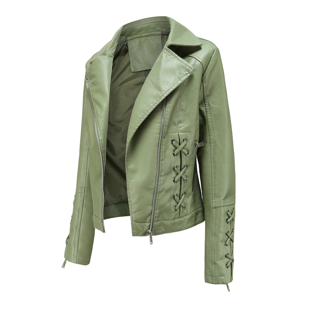 Damen modische Kunstlederjacke mit raffinierten Schnürdetails Drune