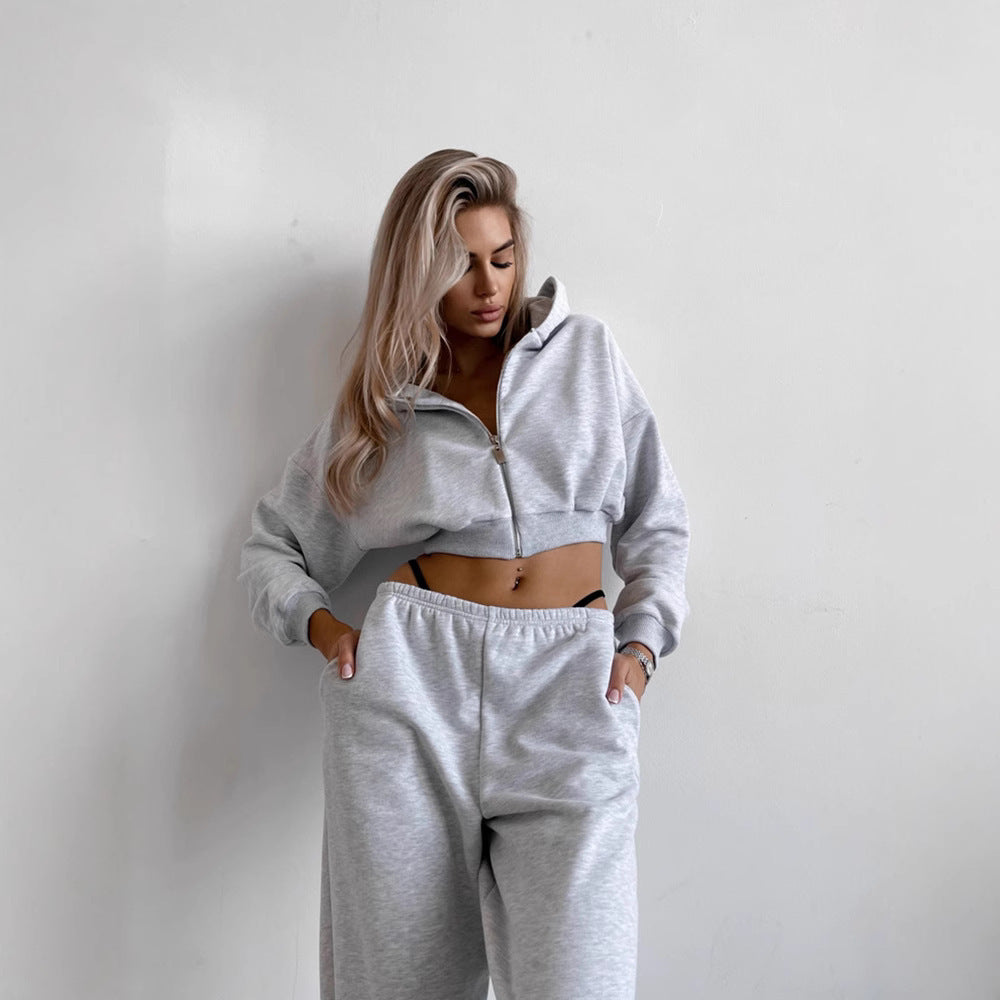 Damen bequemer Cropped Fleece-Trainingsanzug Drune
