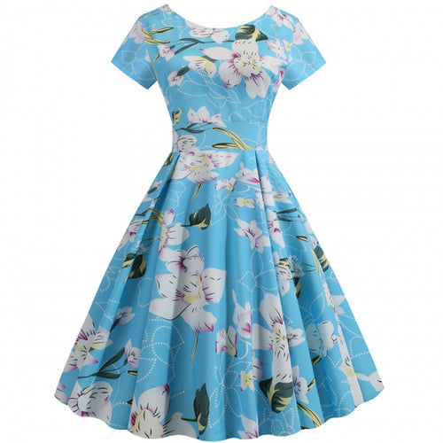 Damen ausgestelltes Blumen-Midikleid mit Rundhalsausschnitt und kurzen Ärmeln Drune