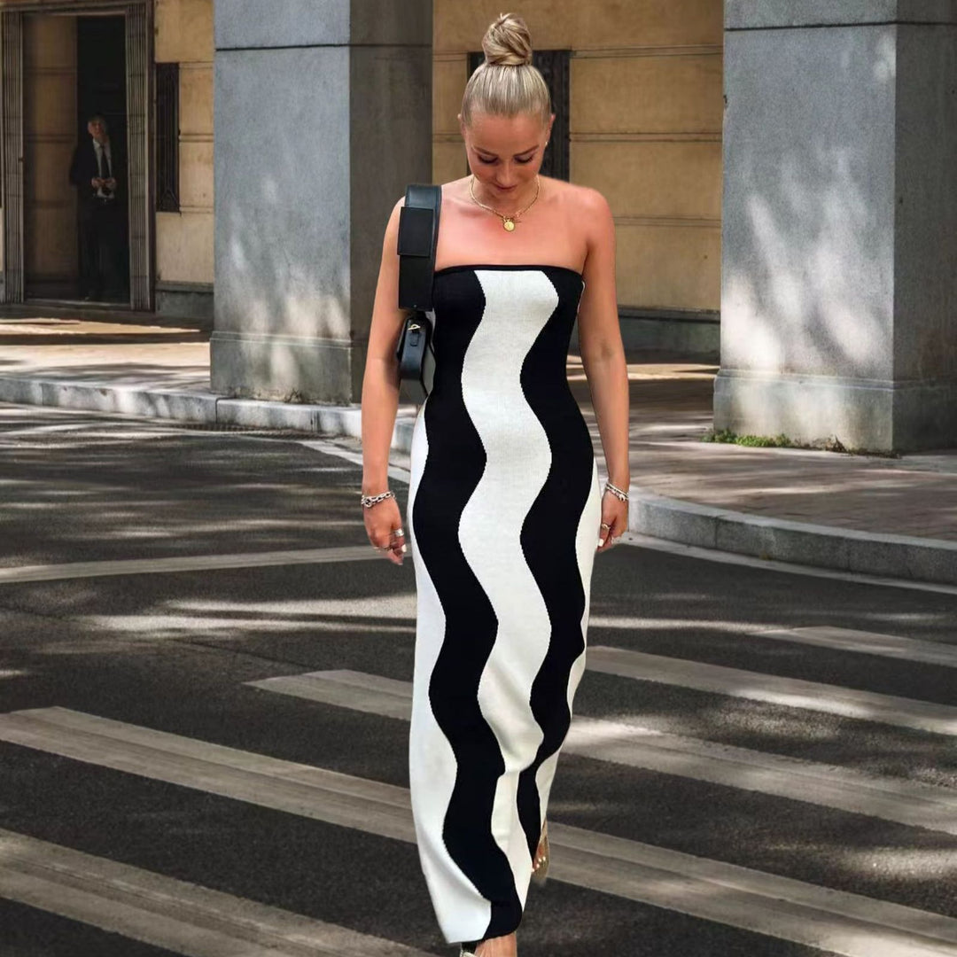 Damen Langarm Maxikleid mit Wellendesign und seitlichem Schlitz Drune