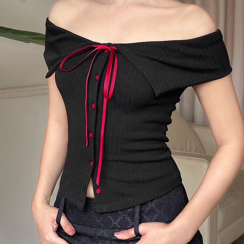 Damen Off-Shoulder Bluse mit Kontrastknöpfen und Taillenband Drune