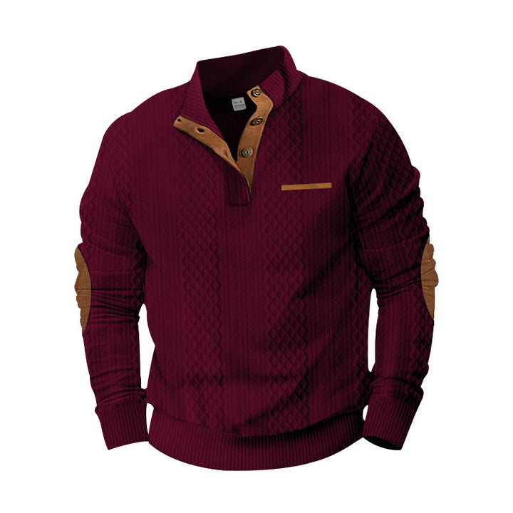 Herren nan strukturiertes Halbknopf-Pullover mit gesteppter Oberfläche, Ellbogen-Patches und Stehkragen Drune