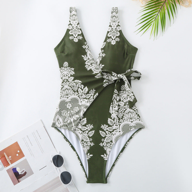 Damen Einteiler Badeanzug mit modischem Wickeldesign und floralem Muster Drune