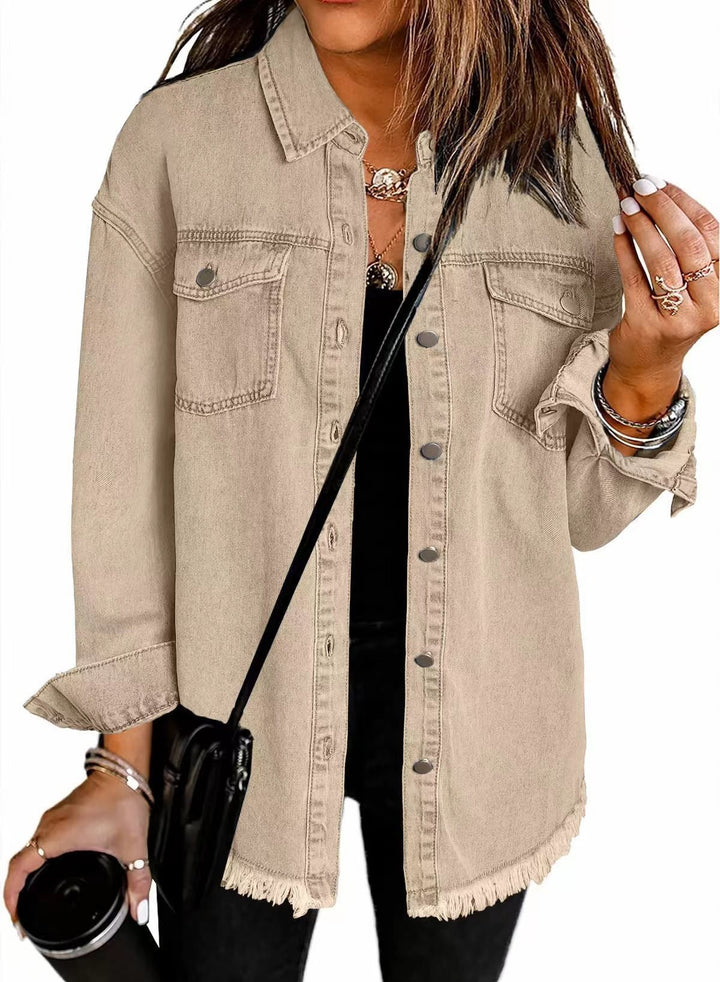 Damen Jeanshemd mit fransigem Saum und praktischen Taschen Drune