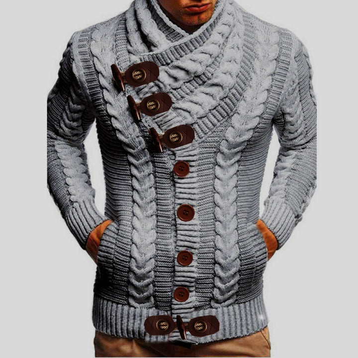 Herren Grobstrickjacke mit kreativem Schalkragen und Knopfdetails Drune