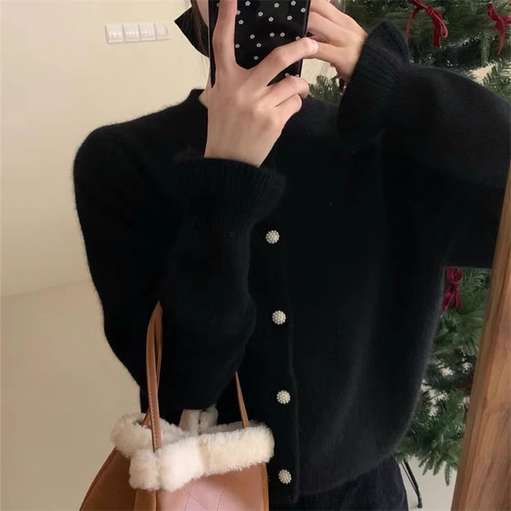 Damen kuschelige Strickjacke mit elegantem Perlenknopfverschluss Drune