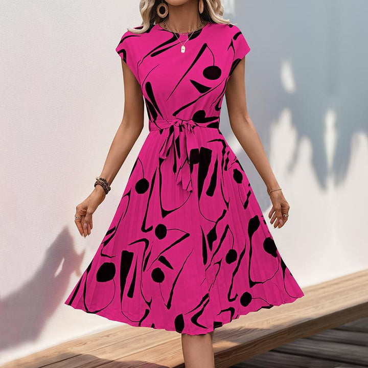 Damen plissiertes Maxikleid mit kunstvollem Muster und taillierbarem Bindegürtel Drune