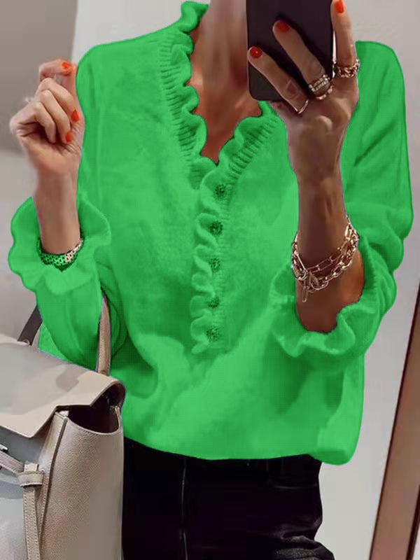 Damen Bluse mit fließendem Rüschendesign und Knopfleiste Drune