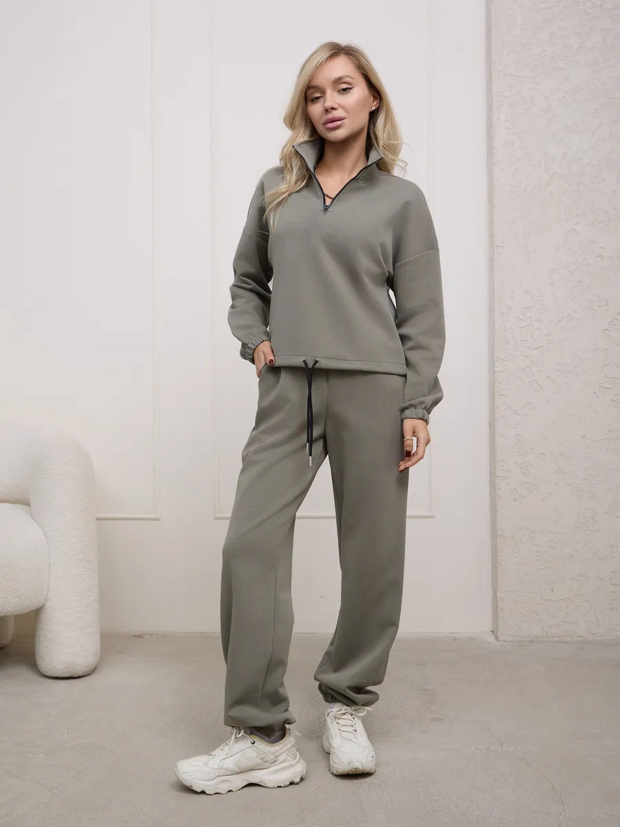 Damen Sportliches Loungewear-Set mit halbem Reißverschluss und elastischem Bund Drune