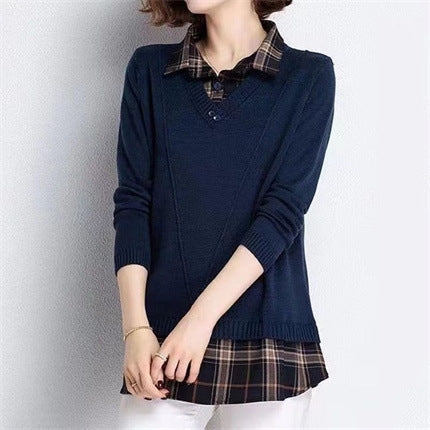 Damen Layered Strickpullover mit V-Ausschnitt und trendy Hemdbluse Drune