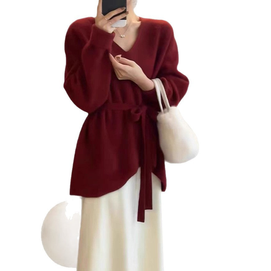 Damen Strickjacke mit elegantem V-Ausschnitt und Taillengürtel Drune