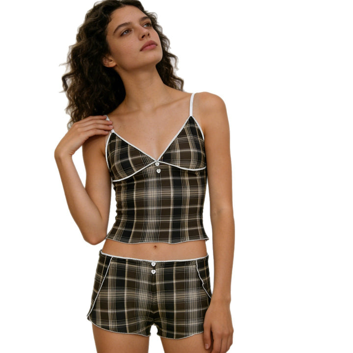 Damen Schlafanzug mit Karomuster und elegantem Spitzendetail Drune