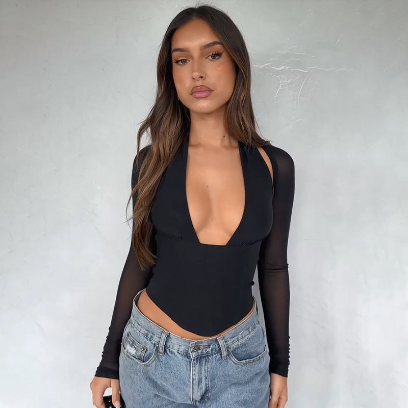 Damen Cropped-Top mit transparenten Ärmeln und tiefem V-Ausschnitt Drune