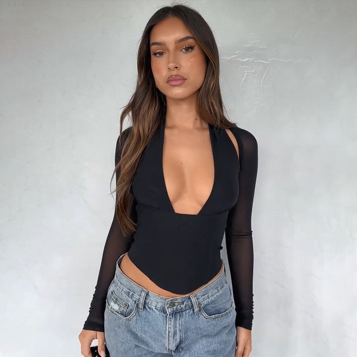 Damen Cropped-Top mit transparenten Ärmeln und tiefem V-Ausschnitt Drune