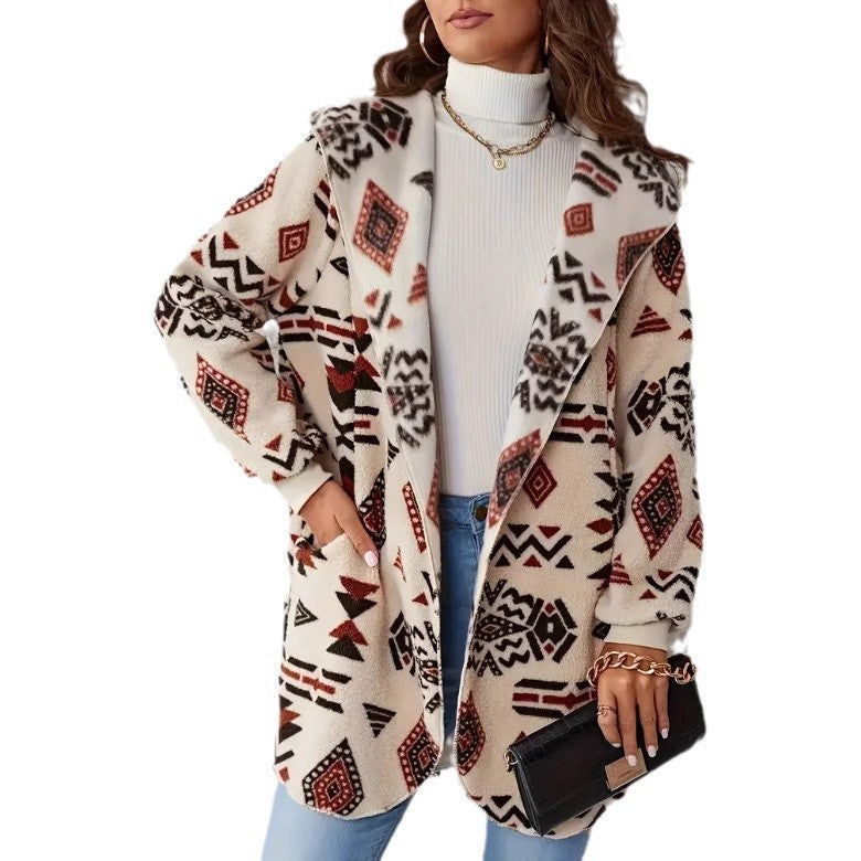 Damen Plüschjacke mit Ethno-Muster Drune