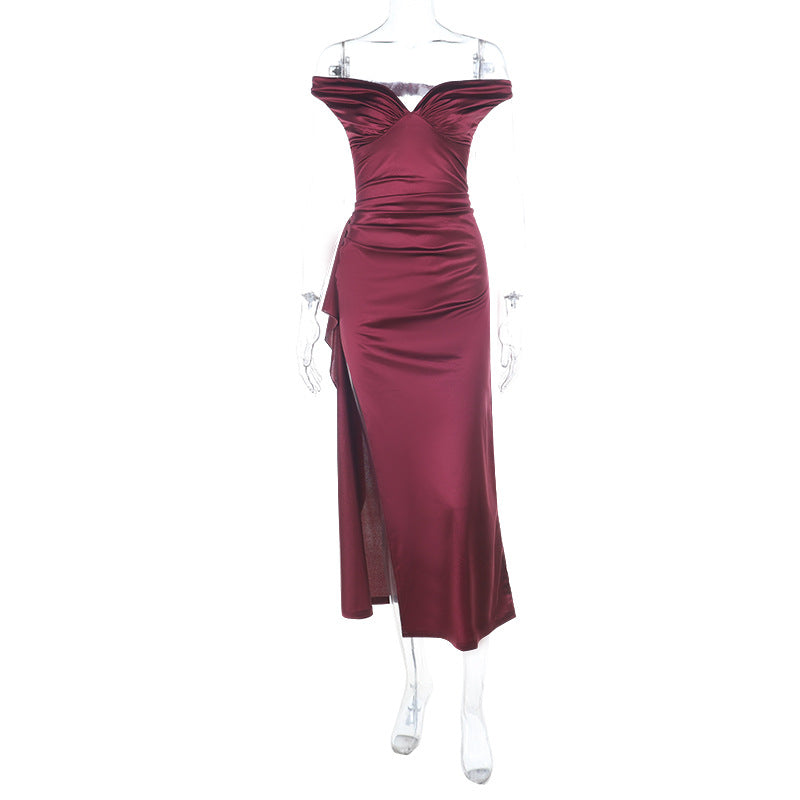 Damen elegantes schulterfreies Maxikleid mit fließendem Satin und verführerischem Schlitz Drune