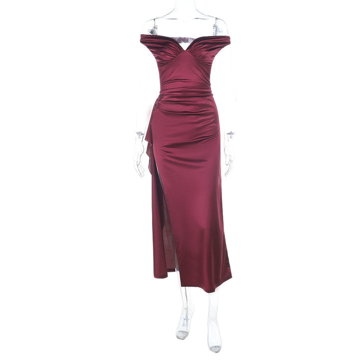 Damen elegantes schulterfreies Maxikleid mit fließendem Satin und verführerischem Schlitz Drune