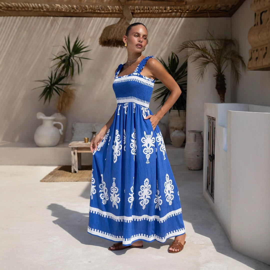 Damen Maxikleid mit elastischem Oberteil und detailliertem Muster Drune