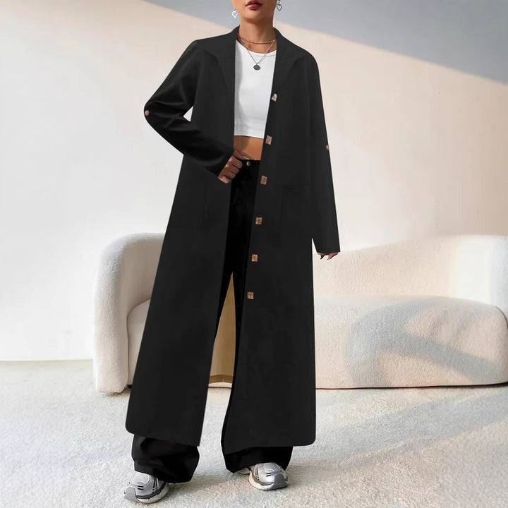 Damen Lange Oversized Jacke mit eleganten Knopfdetails und tiefem Kragen Drune