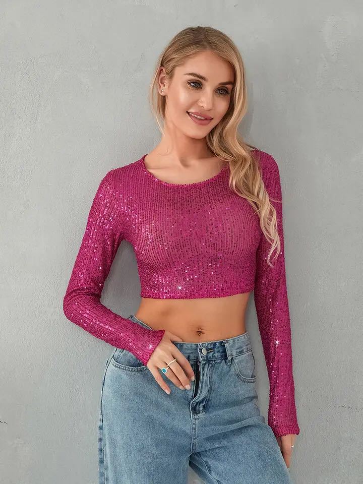 Damen Glitzerndes Crop-Top mit langen Ärmeln und figurbetontem Schnitt Drune