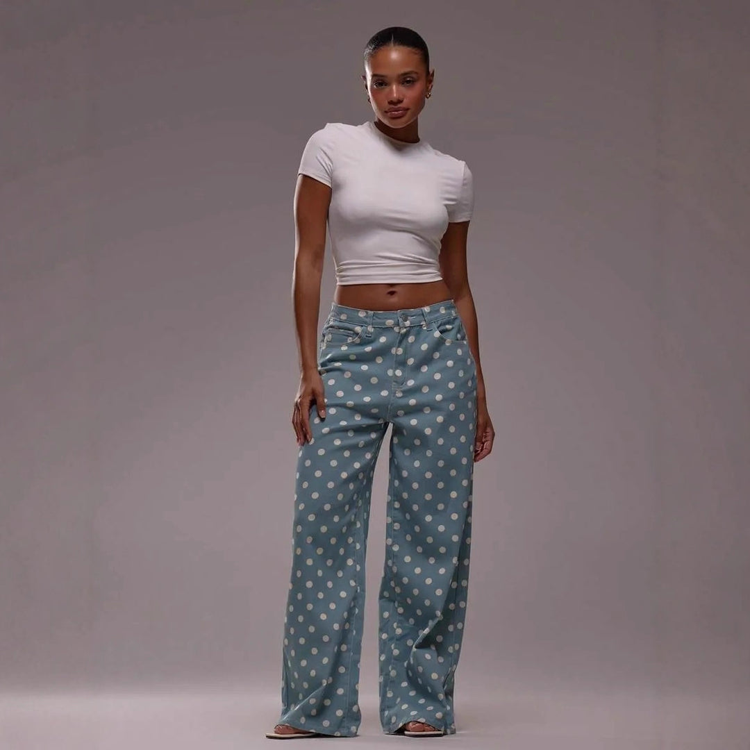 Damen weite Polka-Dot Palazzo-Hosen mit high-waist Schnitt Drune